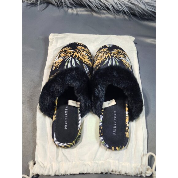 WOMENS PRINTFRESH UNTAMED TIGER VELVET FAUX FUR SLIPPERS - SIZE 7 - BLACK/GOLD I - Picture 3 of 6